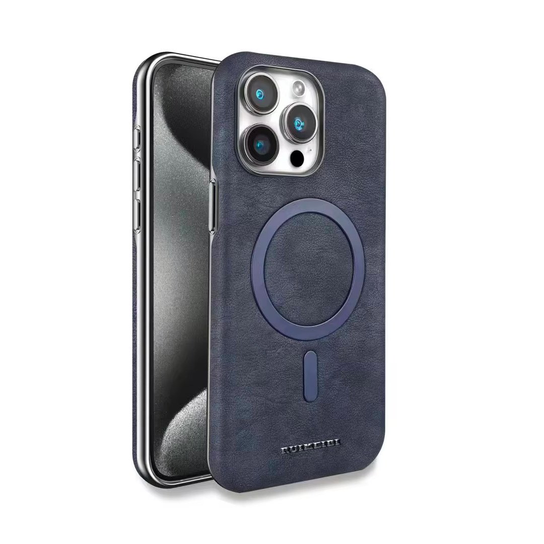 www (1) Coque en cuir élégante à texture marbre, compatible MagSafe - Bleu – Image 1
