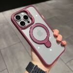 Coque en silicone transparente avec lentilles de protection caméra et support MagSafe - Rose